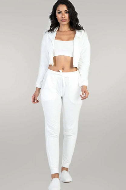 French Terry Cropped Cami With Zip-up Jacket And Joggers Set White