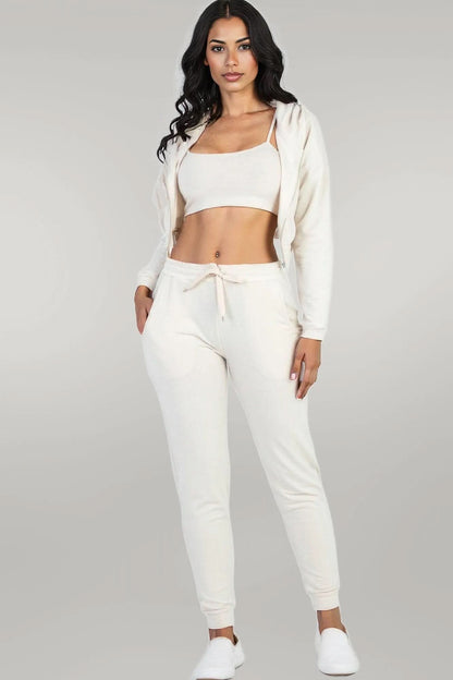French Terry Cropped Cami With Zip-up Jacket And Joggers Set Beige
