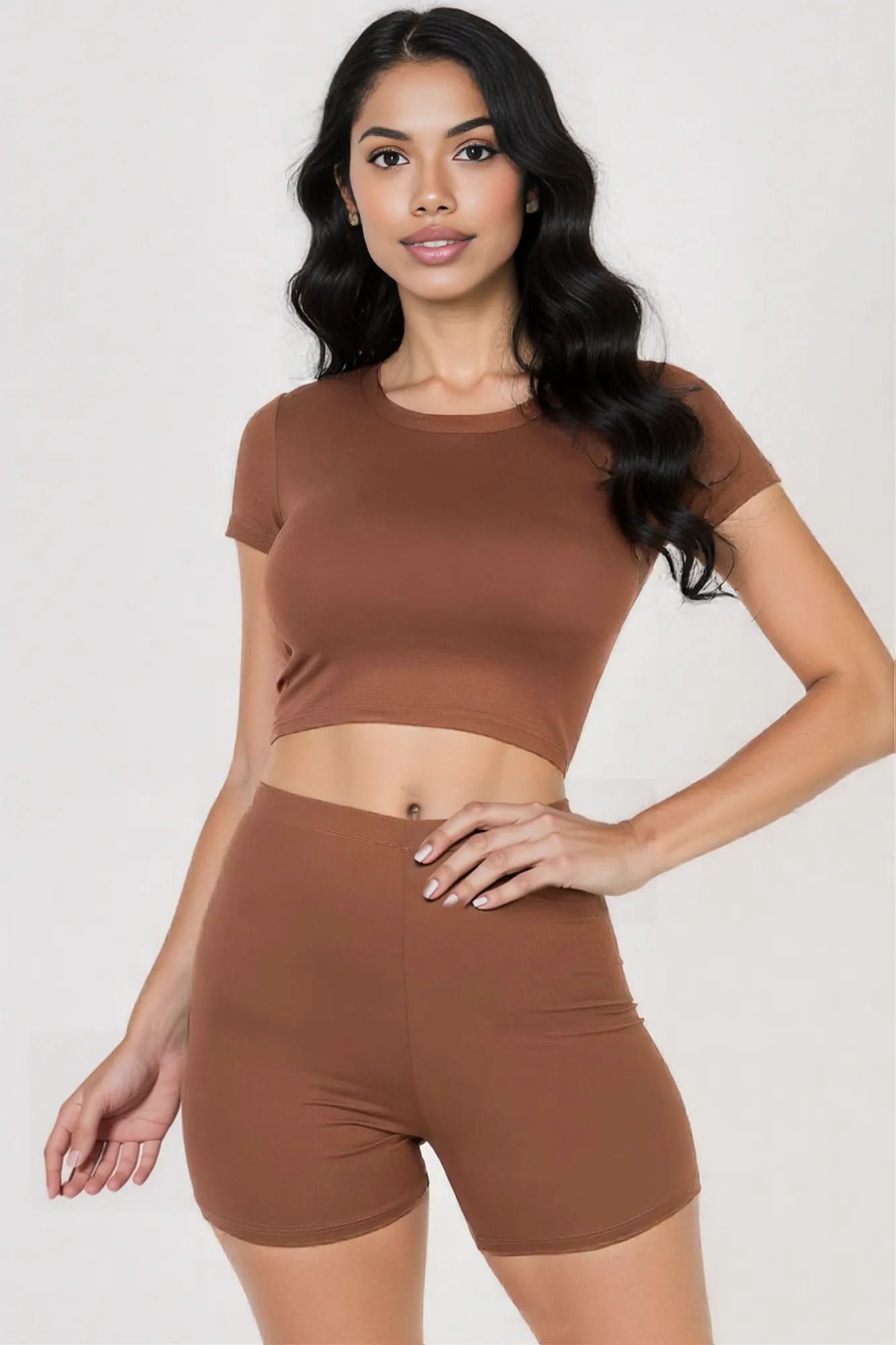 Short Sleeve Crop Top & Shorts Set Downtown Brown