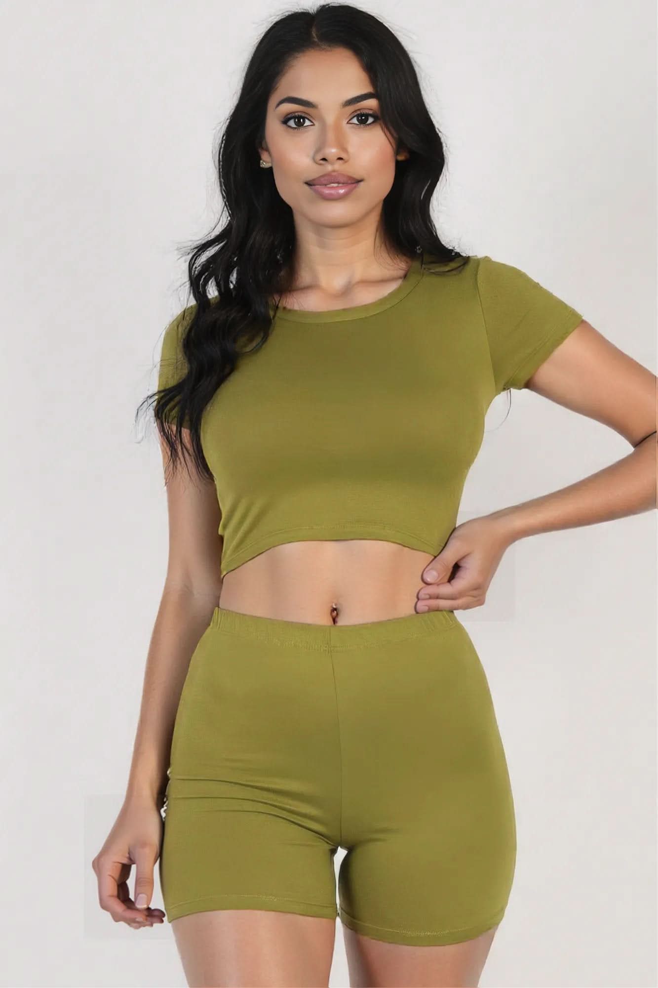 Short Sleeve Crop Top & Shorts Set Olive Branch