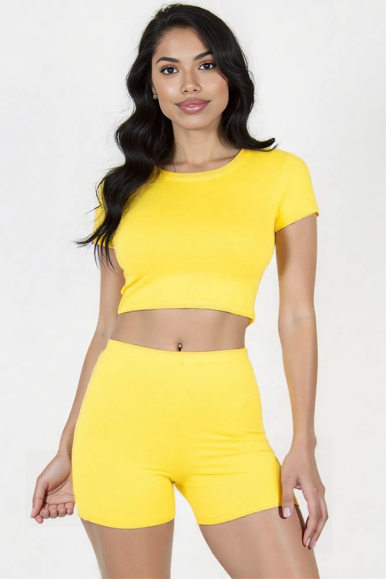 Short Sleeve Crop Top & Shorts Set Yellow