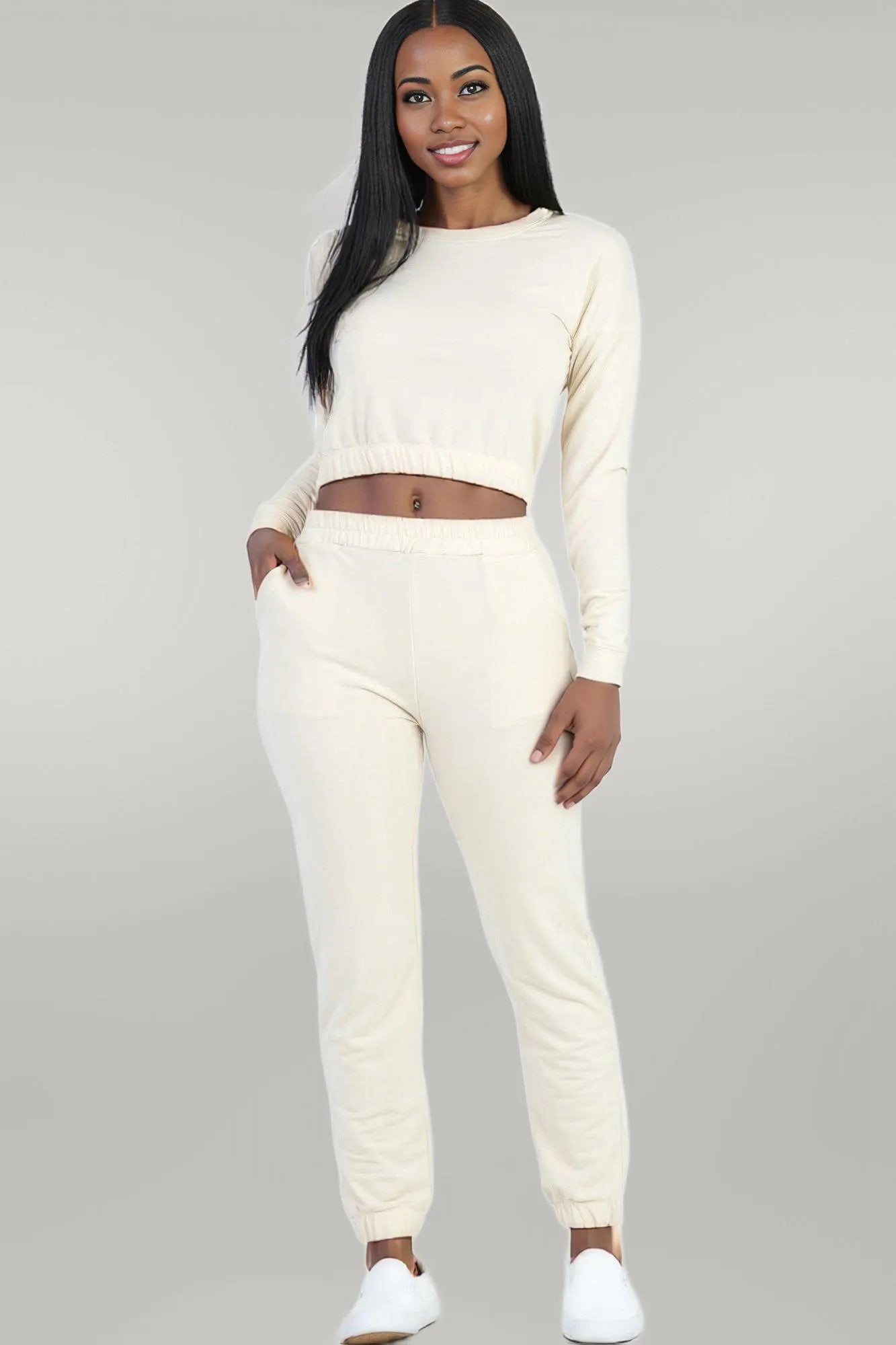 French Terry Elastic Waist Pullover & Joggers Set Beige