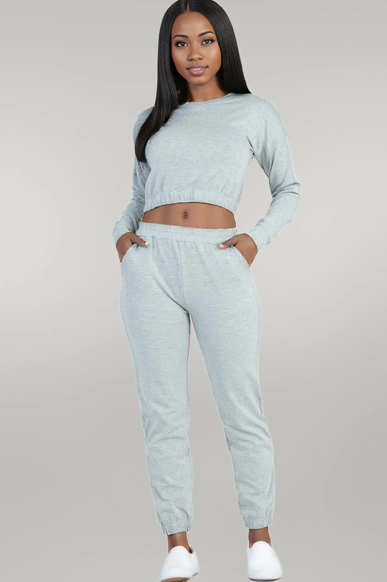 French Terry Elastic Waist Pullover & Joggers Set Heather Grey