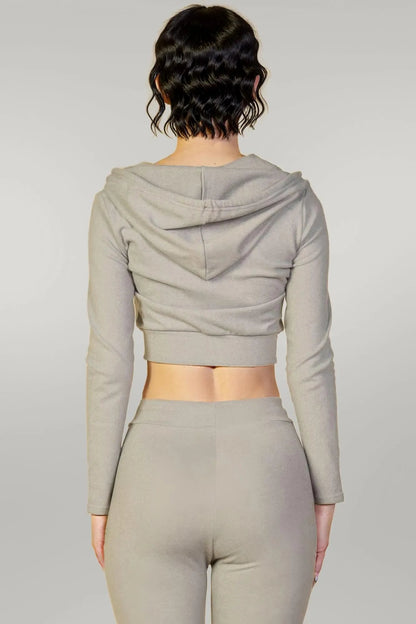 Ribbed Crop Zip Hoodie Grey