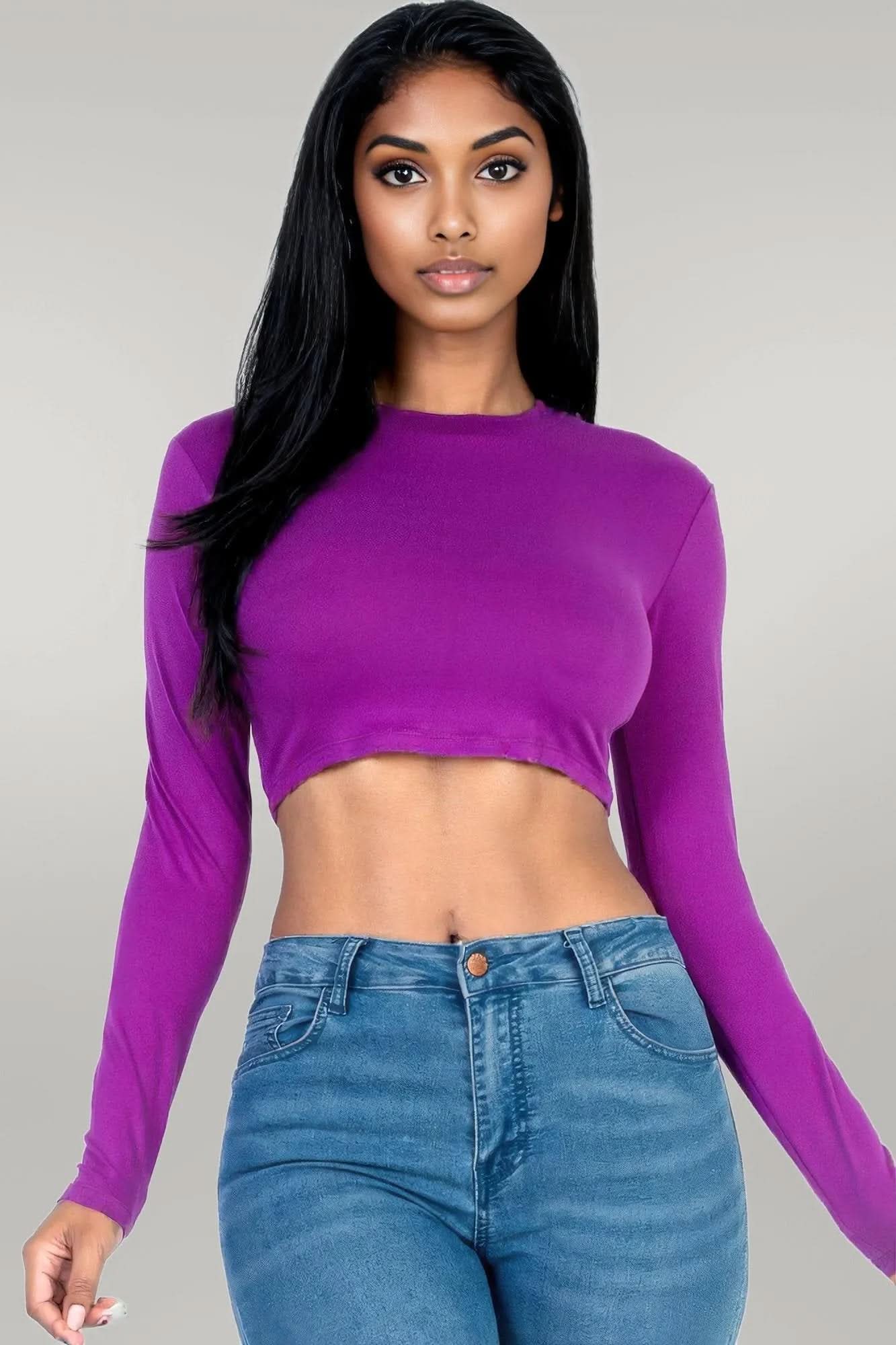 Crew Neck Long Sleeve Cropped Top Dahlia