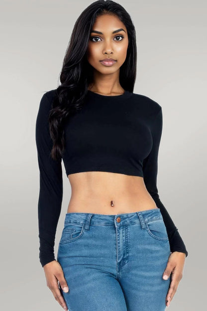 Crew Neck Long Sleeve Cropped Top Black