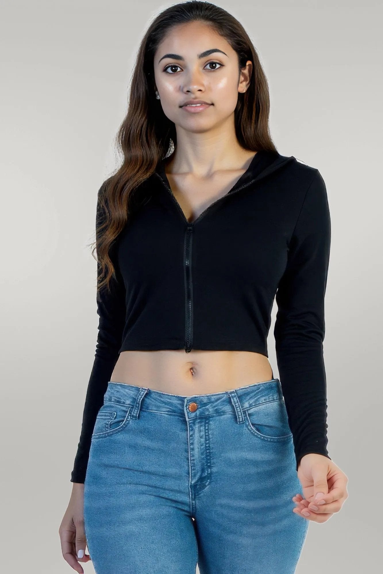 French Terry Crop Zip Up Hoodie Black