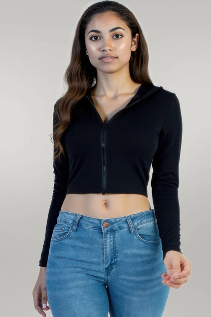 French Terry Crop Zip Up Hoodie Black