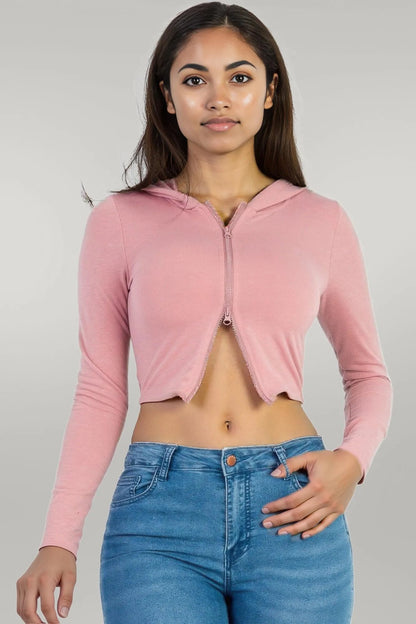 French Terry Crop Zip Up Hoodie Rosewood