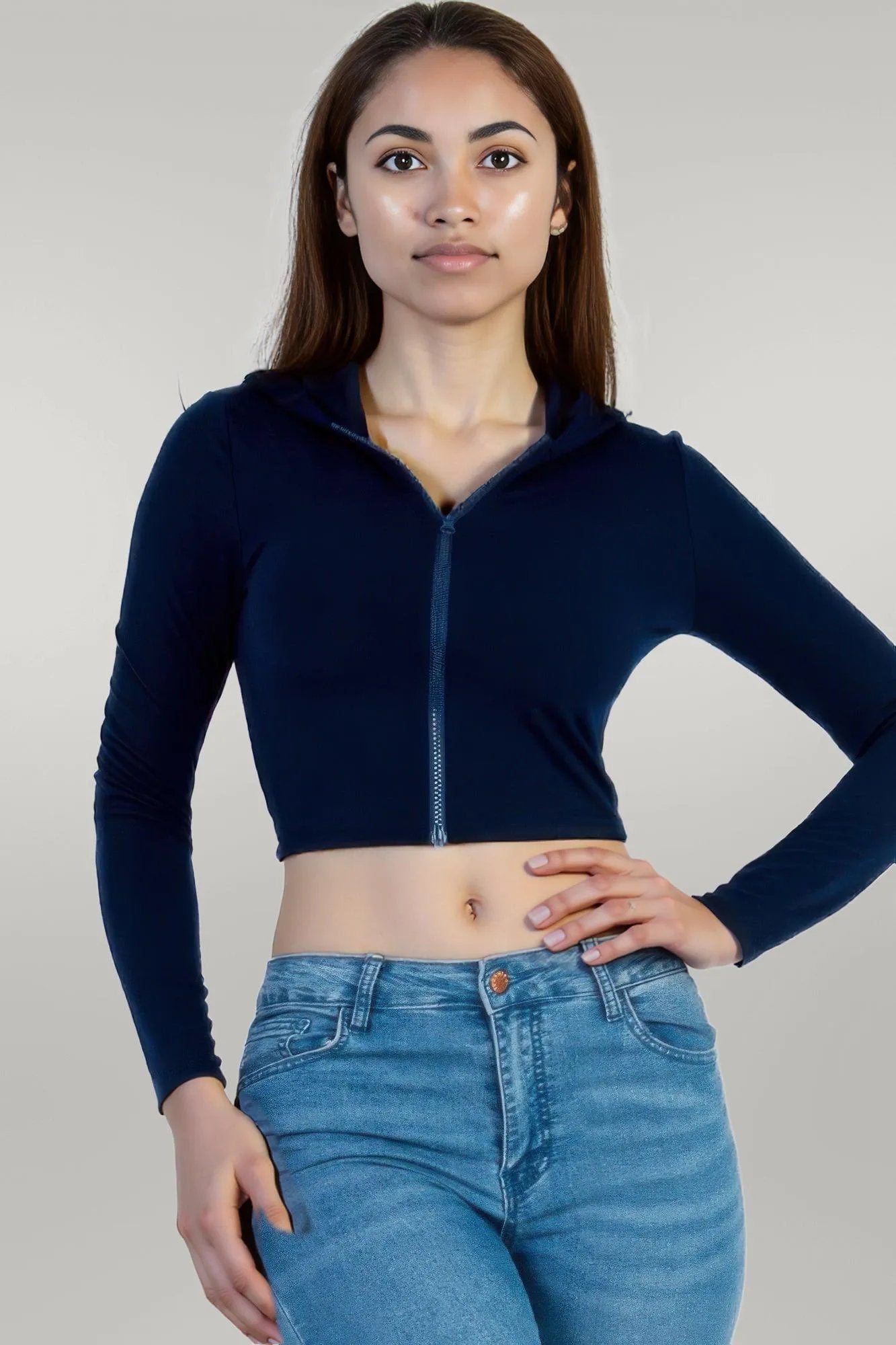 French Terry Crop Zip Up Hoodie Navy