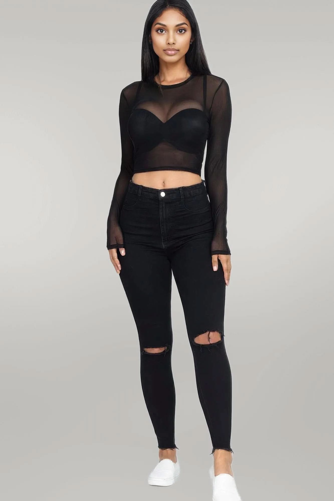Sexy Sheer Mesh Long Sleeve Crop Top