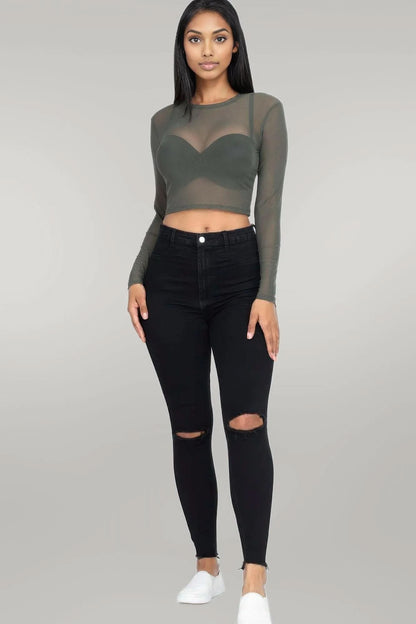 Sexy Sheer Mesh Long Sleeve Crop Top