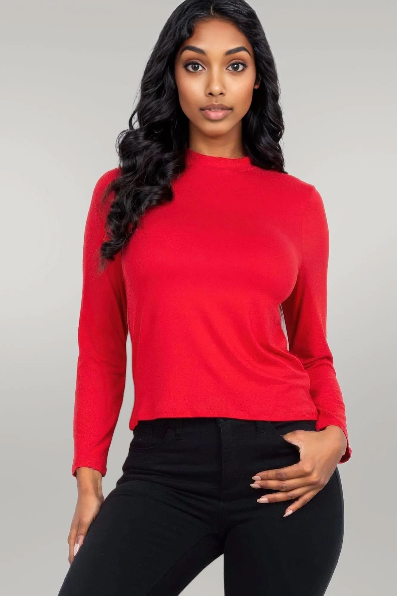 Mock Neck Solid Long Sleeve Top Red