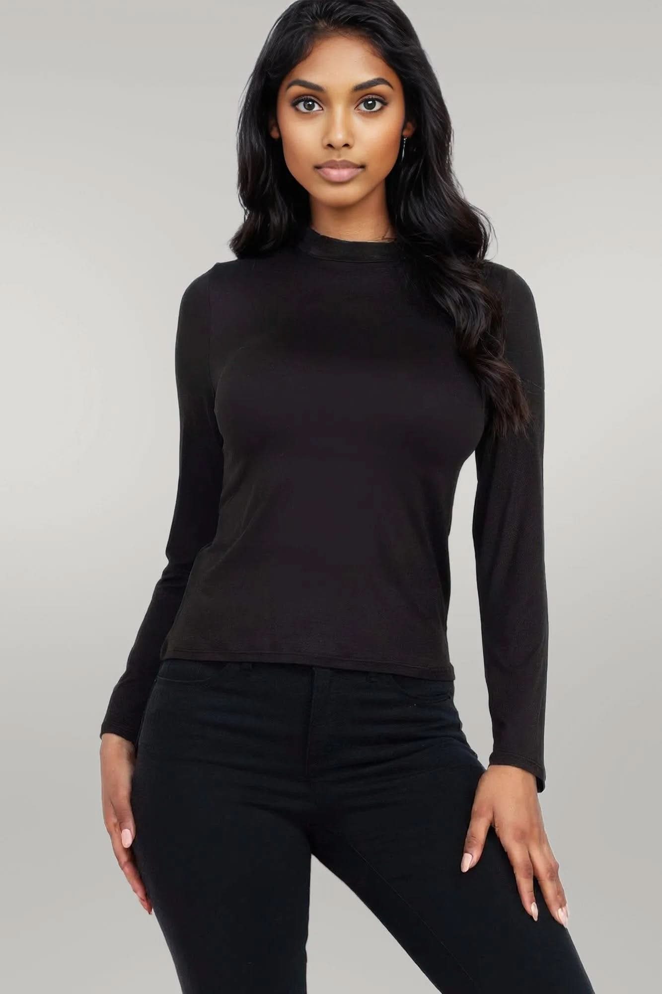 Mock Neck Solid Long Sleeve Top Black