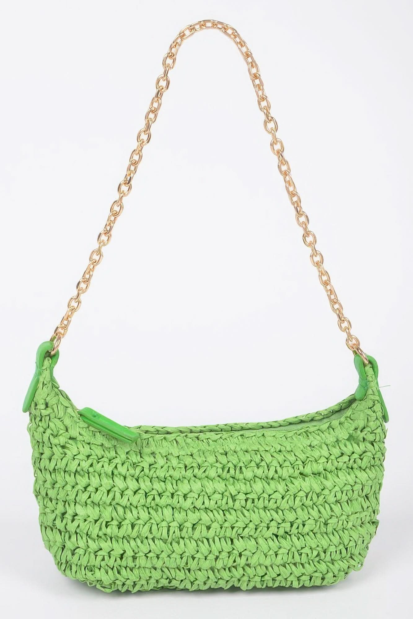 Faux Straw Zip Chain Shoulder Clutch Green