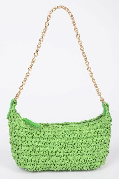 Faux Straw Zip Chain Shoulder Clutch Green