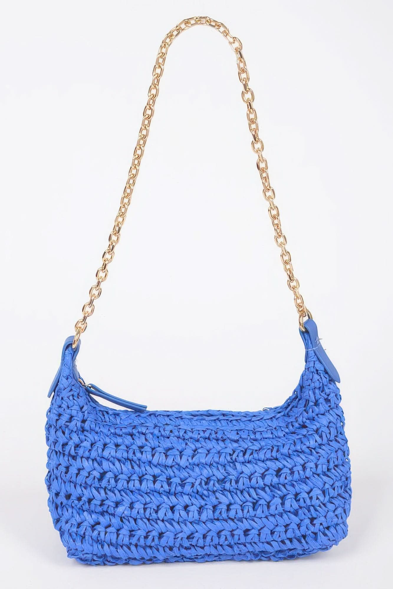 Faux Straw Zip Chain Shoulder Clutch Cobalt