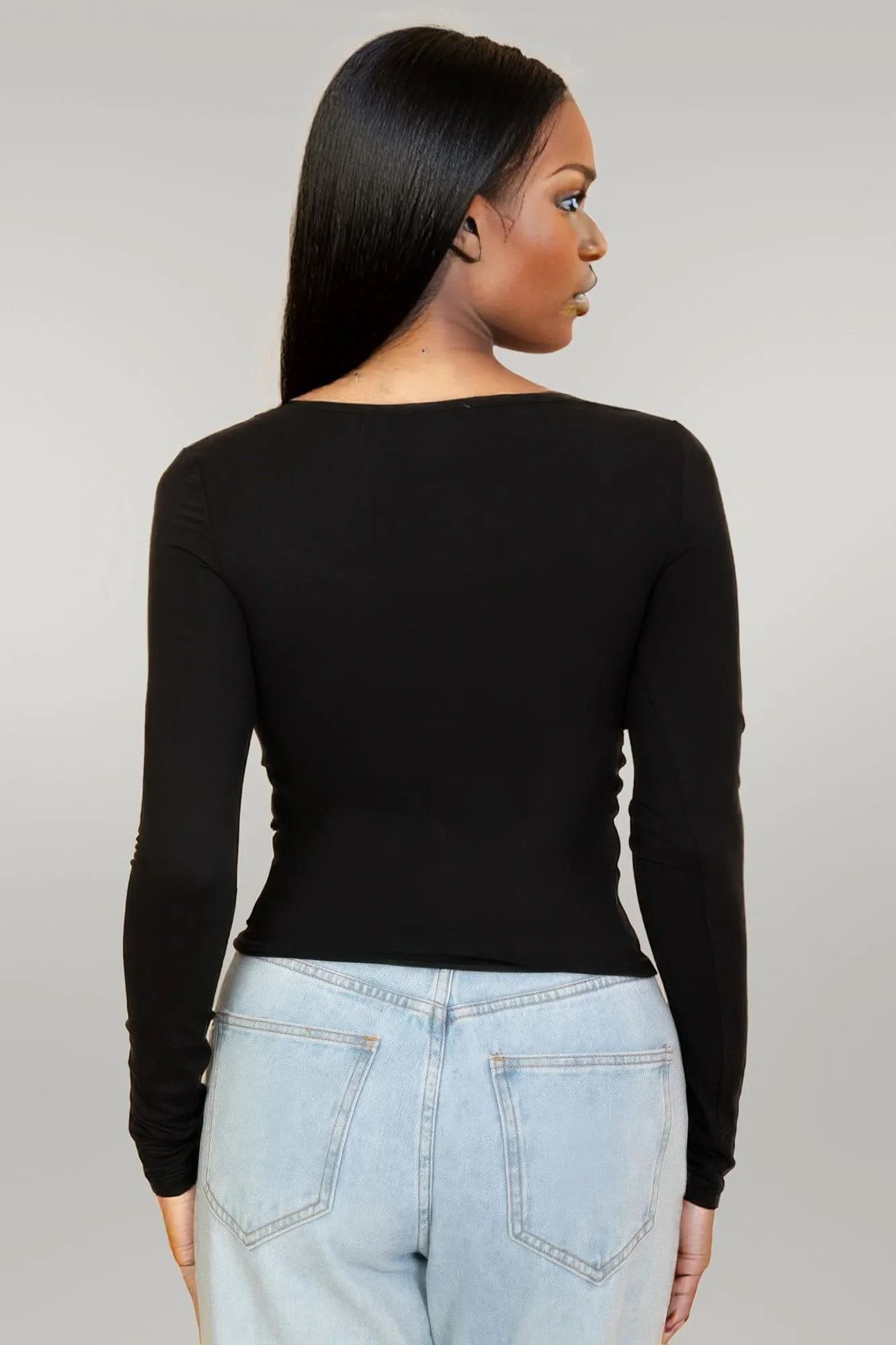 Square Neck Long Sleeve Top Black
