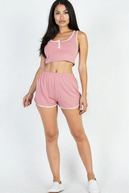 Casual French Terry Sleeveless Button Front Contrast Trim Cropped Tank Top And Shorts Set