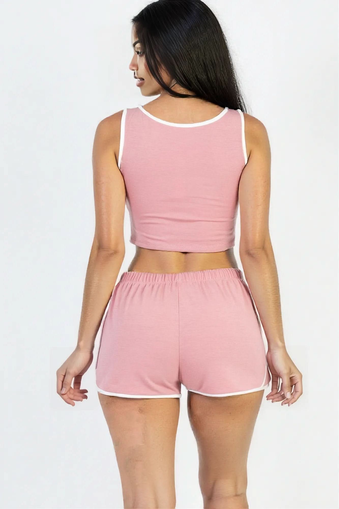 Casual French Terry Sleeveless Button Front Contrast Trim Cropped Tank Top And Shorts Set Rosewood