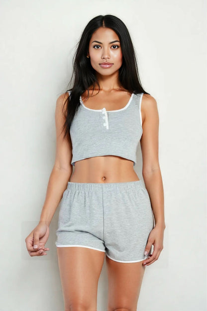 Casual French Terry Sleeveless Button Front Contrast Trim Cropped Tank Top And Shorts Set Heather grey