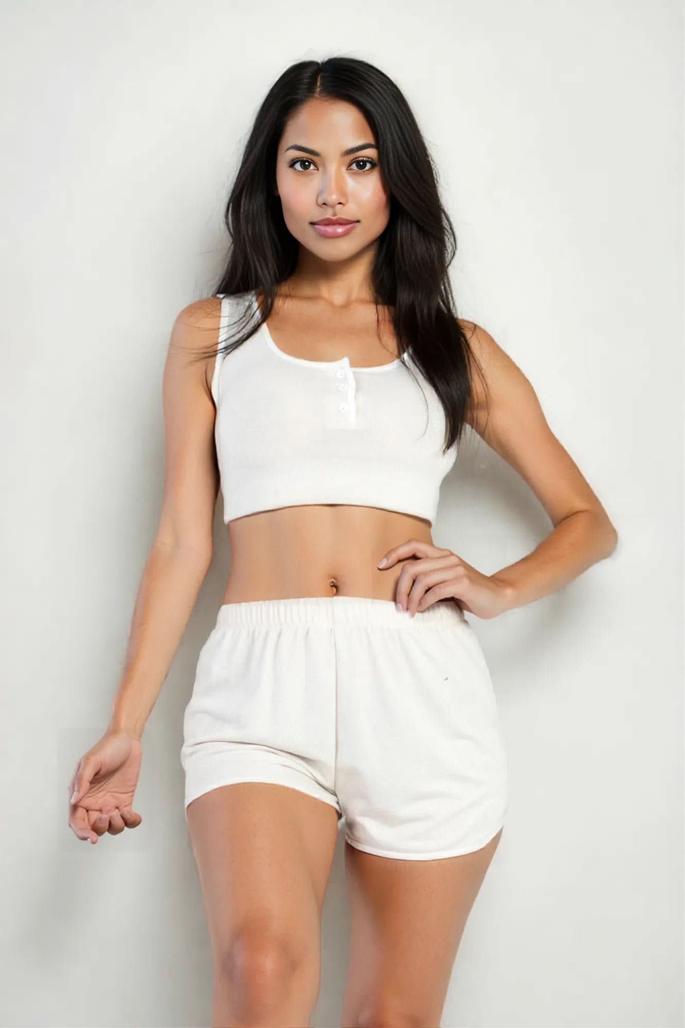 Casual French Terry Sleeveless Button Front Contrast Trim Cropped Tank Top And Shorts Set