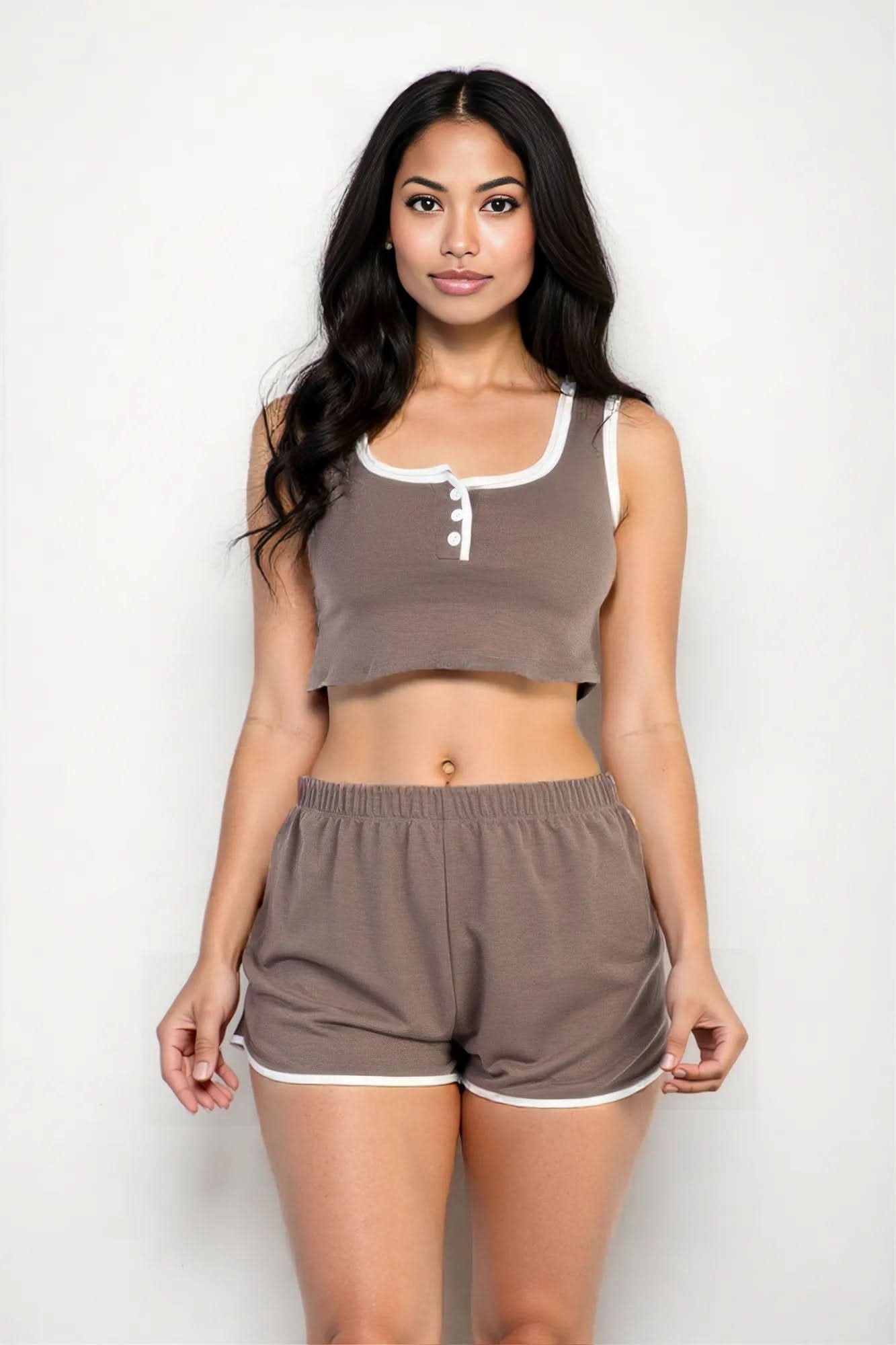 Casual French Terry Sleeveless Button Front Contrast Trim Cropped Tank Top And Shorts Set Taupe
