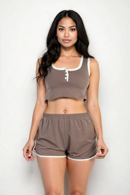 Casual French Terry Sleeveless Button Front Contrast Trim Cropped Tank Top And Shorts Set Taupe