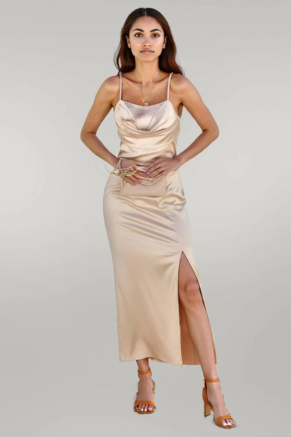 Spaghetti Strap Cowl Neck Split Midi Slit Dress