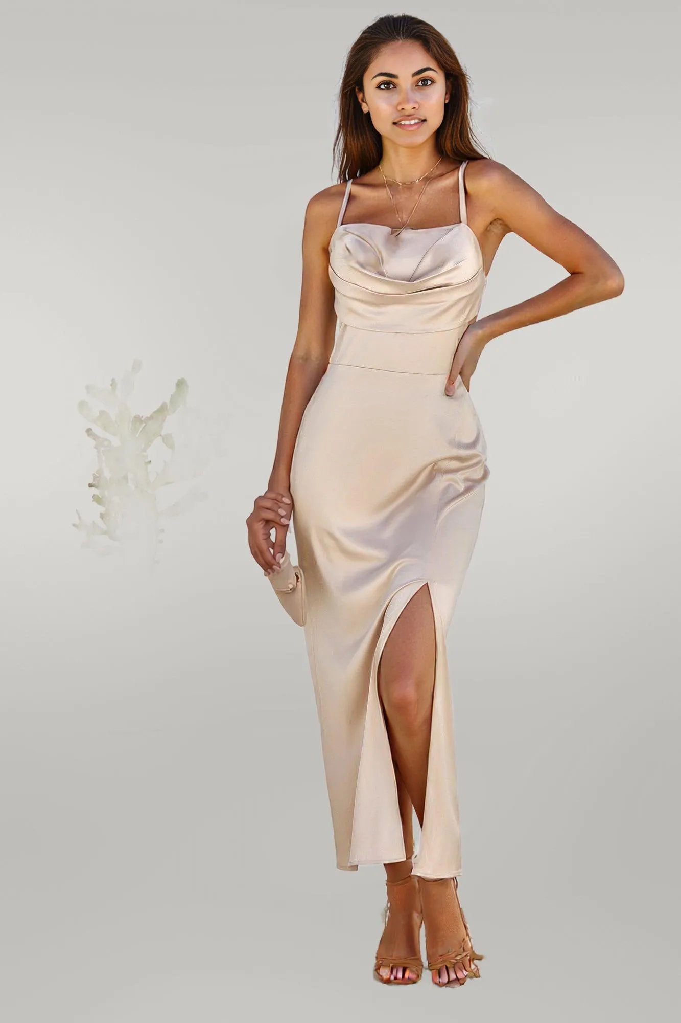 Spaghetti Strap Cowl Neck Split Midi Slit Dress Champagne