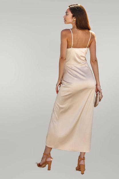Spaghetti Strap Cowl Neck Split Midi Slit Dress