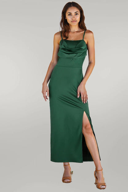 Spaghetti Strap Cowl Neck Split Midi Slit Dress Green