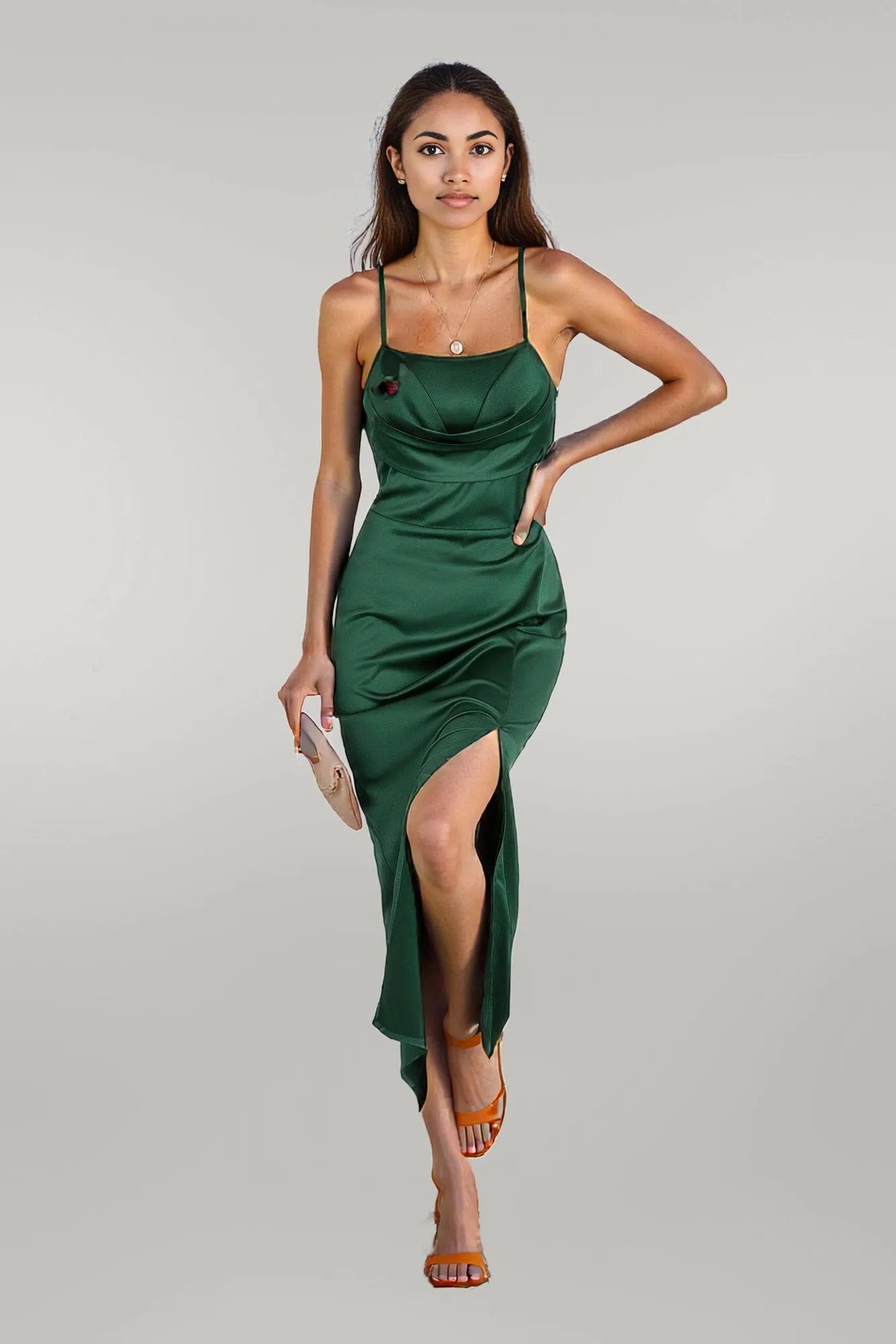 Spaghetti Strap Cowl Neck Split Midi Slit Dress