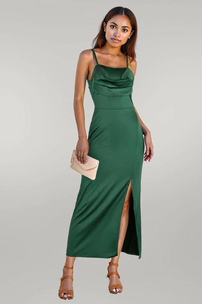 Spaghetti Strap Cowl Neck Split Midi Slit Dress