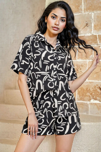 Outfit Sequins Lips Print Button Down Shorts Set Black