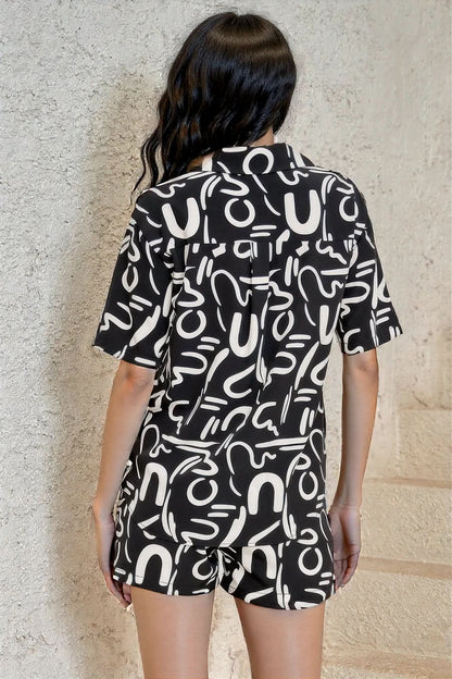Outfit Sequins Lips Print Button Down Shorts Set