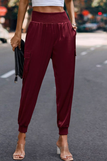 High Waist Trousers Pocket Satin Jogger Pants Wine