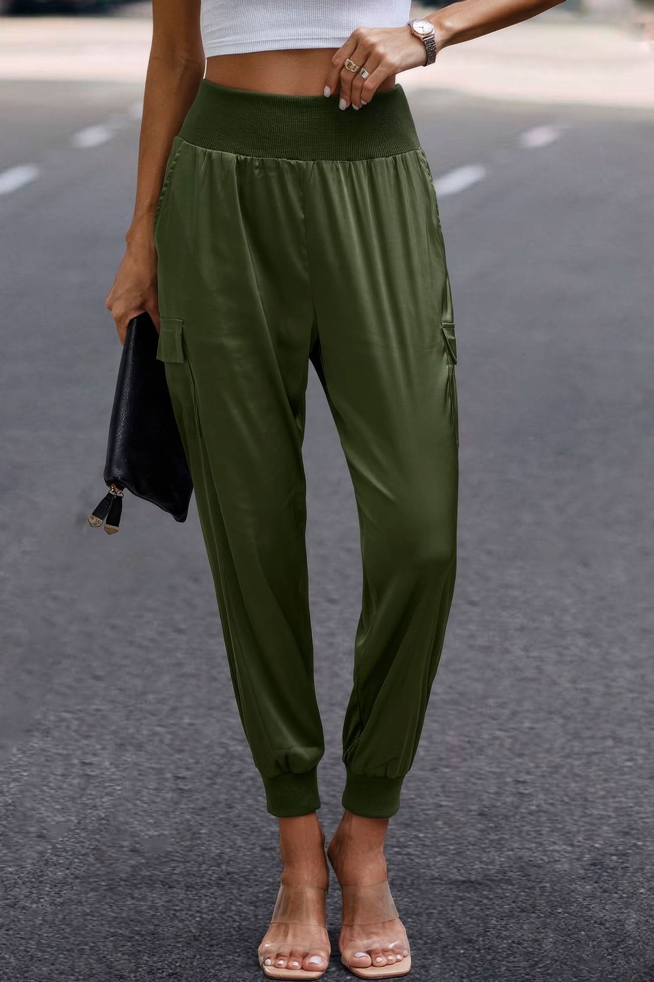 High Waist Trousers Pocket Satin Jogger Pants Olive
