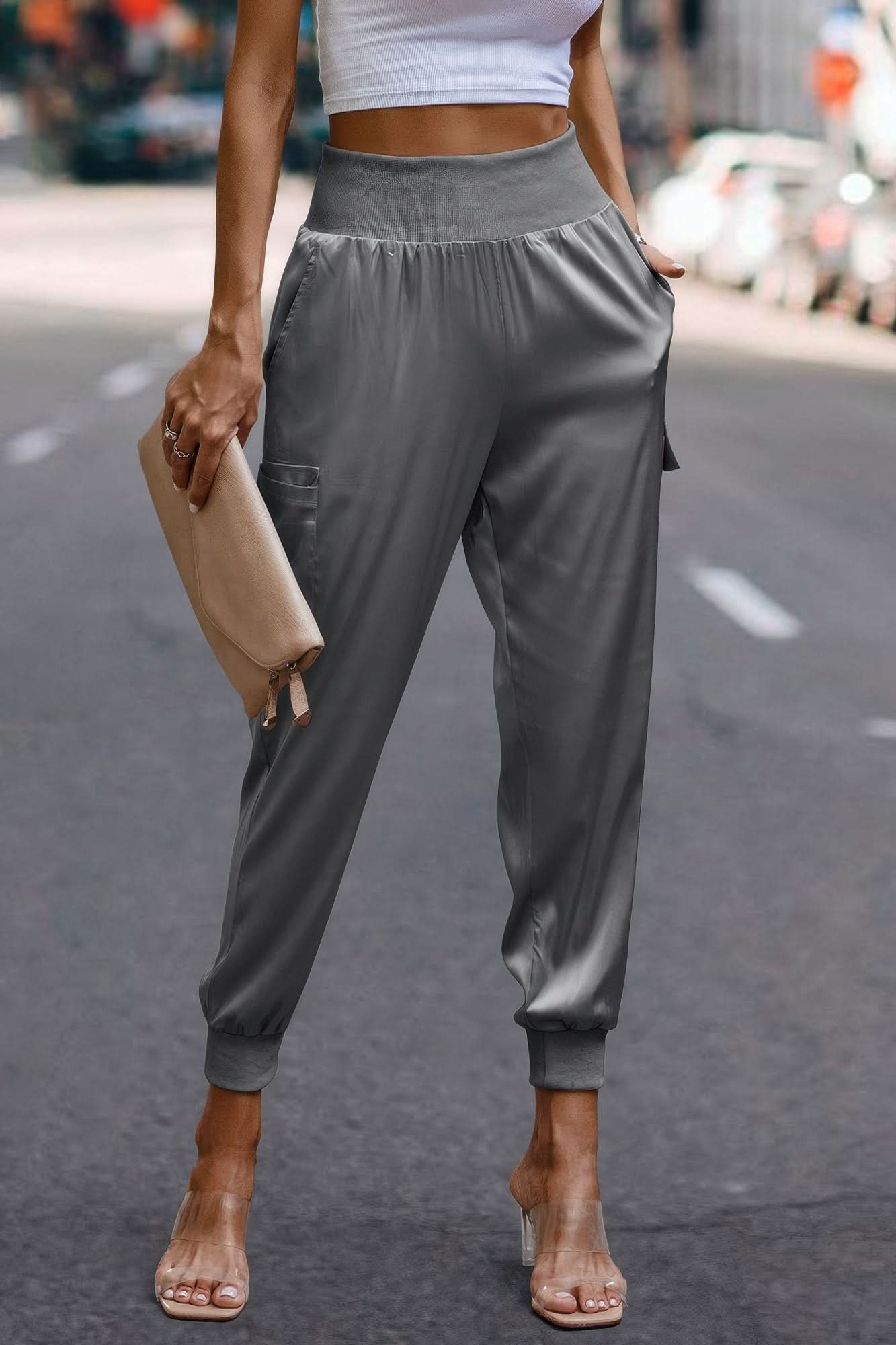 High Waist Trousers Pocket Satin Jogger Pants Grey