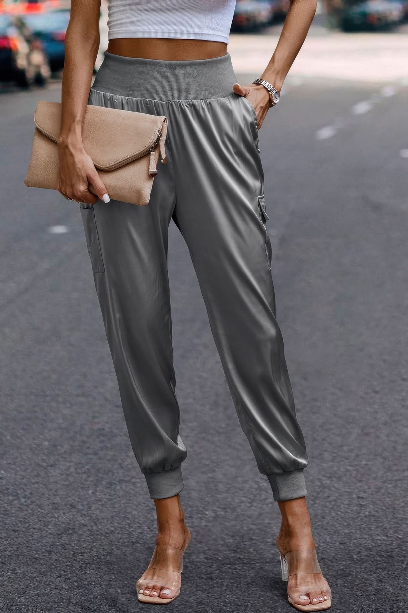 High Waist Trousers Pocket Satin Jogger Pants