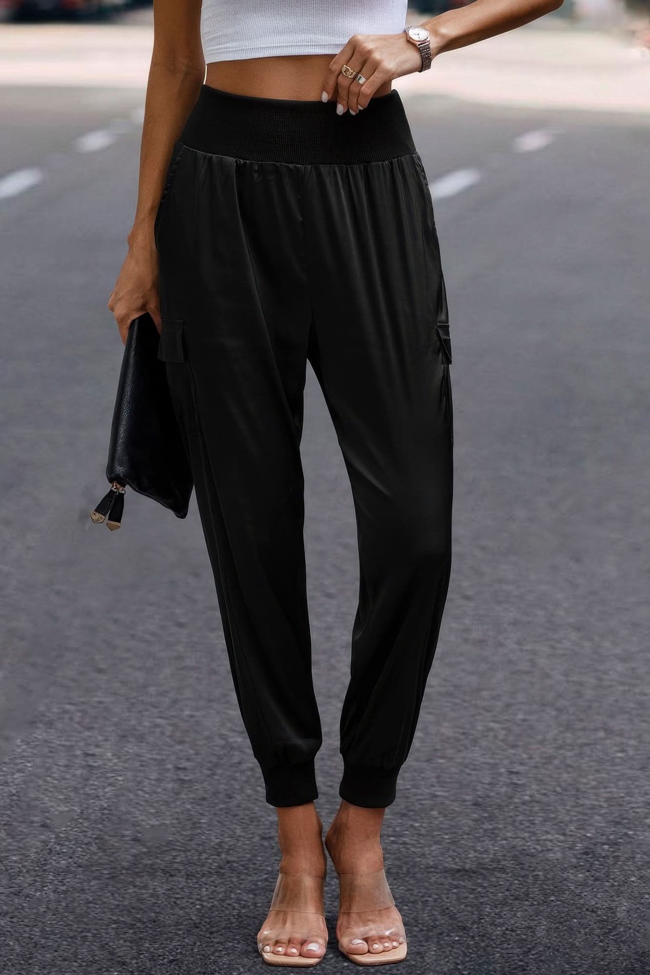 High Waist Trousers Pocket Satin Jogger Pants Black