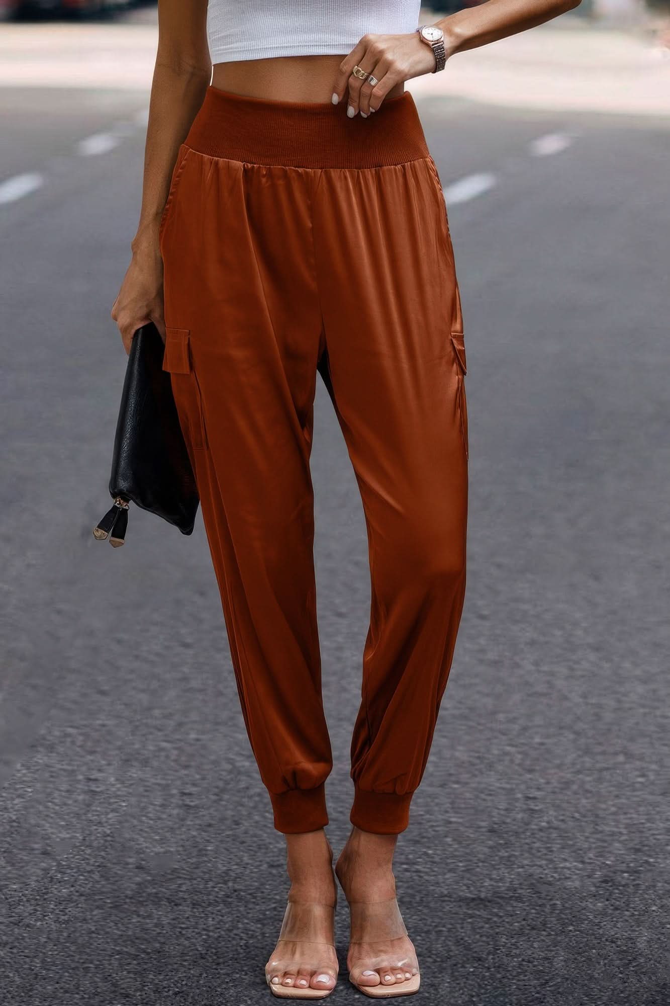 High Waist Trousers Pocket Satin Jogger Pants Brown