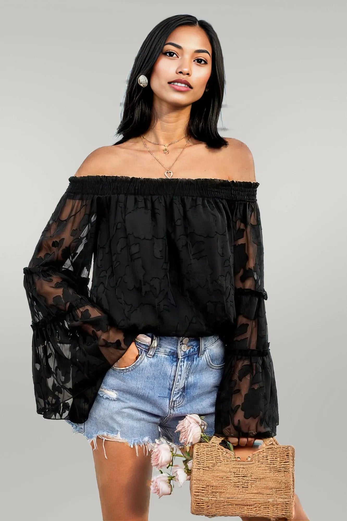Solid Off Shoulder Flared Sleeve Flowy Blouse Black