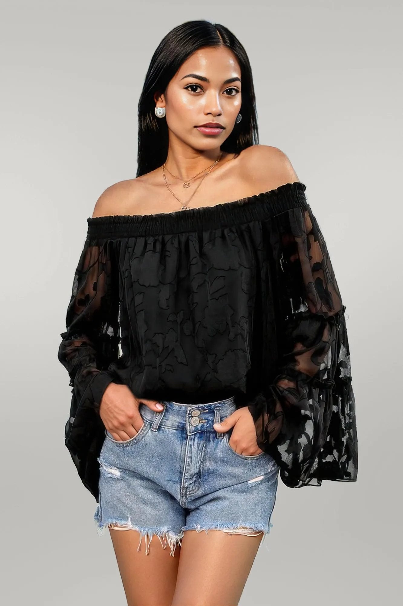Solid Off Shoulder Flared Sleeve Flowy Blouse