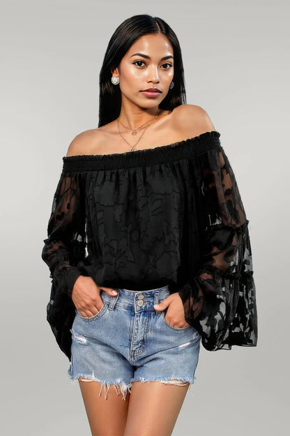 Solid Off Shoulder Flared Sleeve Flowy Blouse