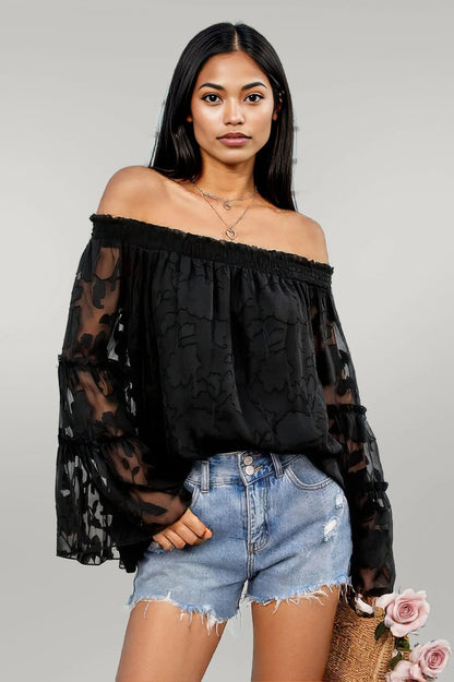 Solid Off Shoulder Flared Sleeve Flowy Blouse