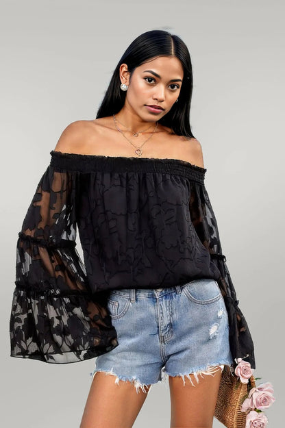 Solid Off Shoulder Flared Sleeve Flowy Blouse