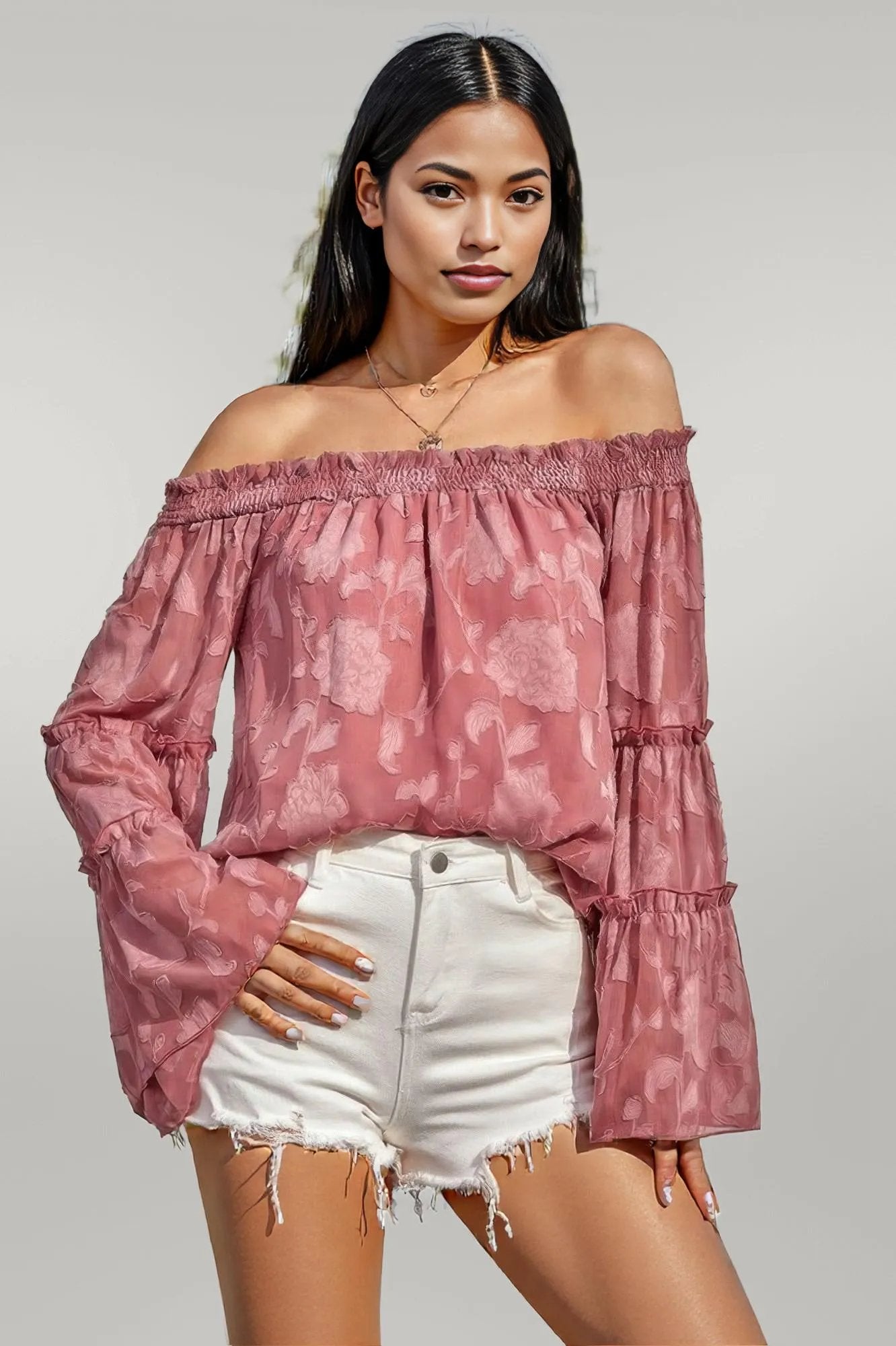 Solid Off Shoulder Flared Sleeve Flowy Blouse