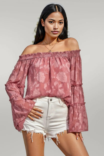 Solid Off Shoulder Flared Sleeve Flowy Blouse