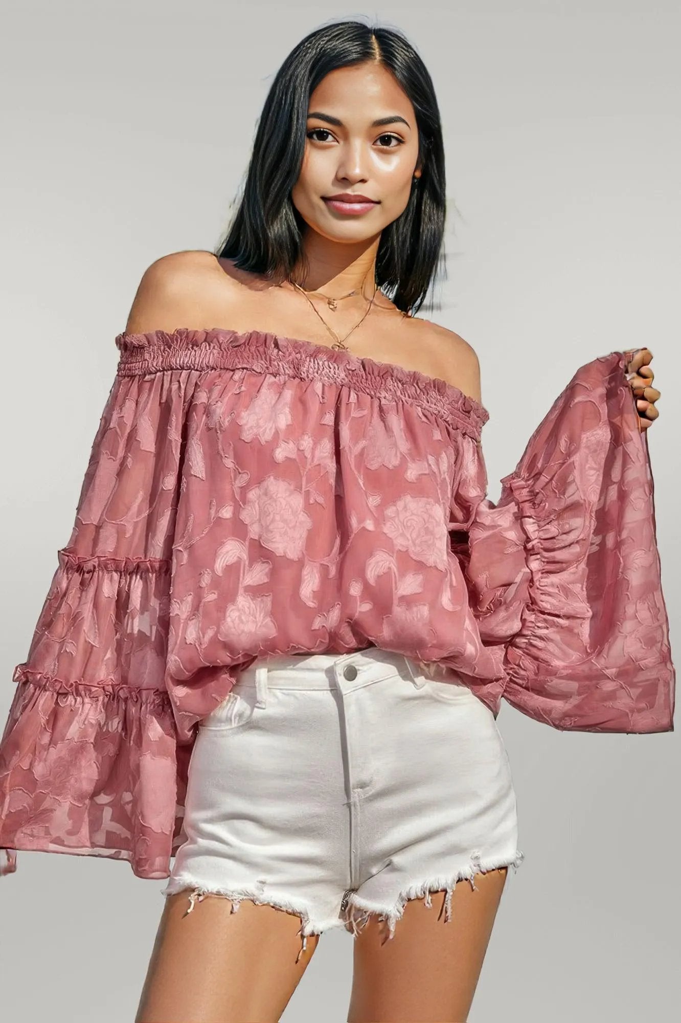 Solid Off Shoulder Flared Sleeve Flowy Blouse